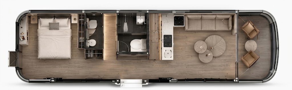 E7 Gen6 floorplan with bedroom bathroom kitchen lounge and curved viewing area